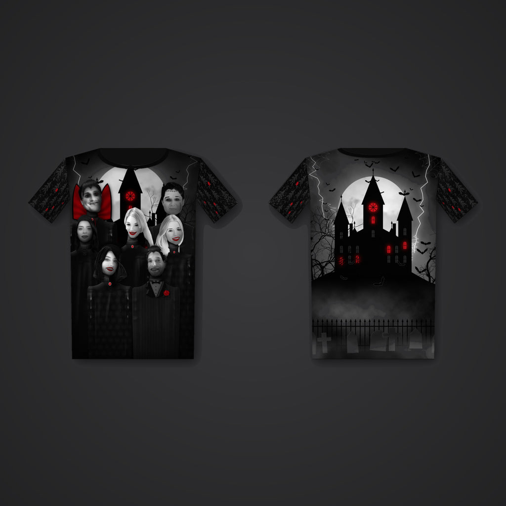 Haunted Family Portrait all-over tee, front and back
