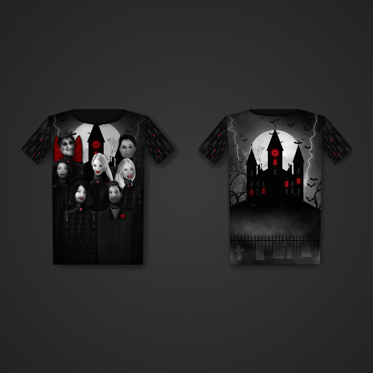 Haunted Family Portrait all-over tee, front and back
