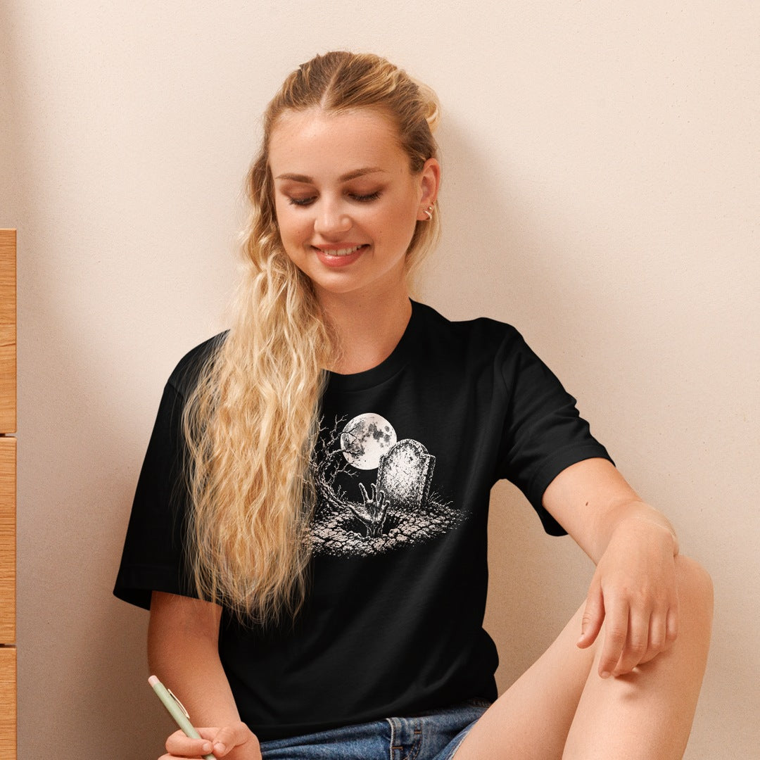 Blonde woman wearing the Rising Grave Hand Tee in black