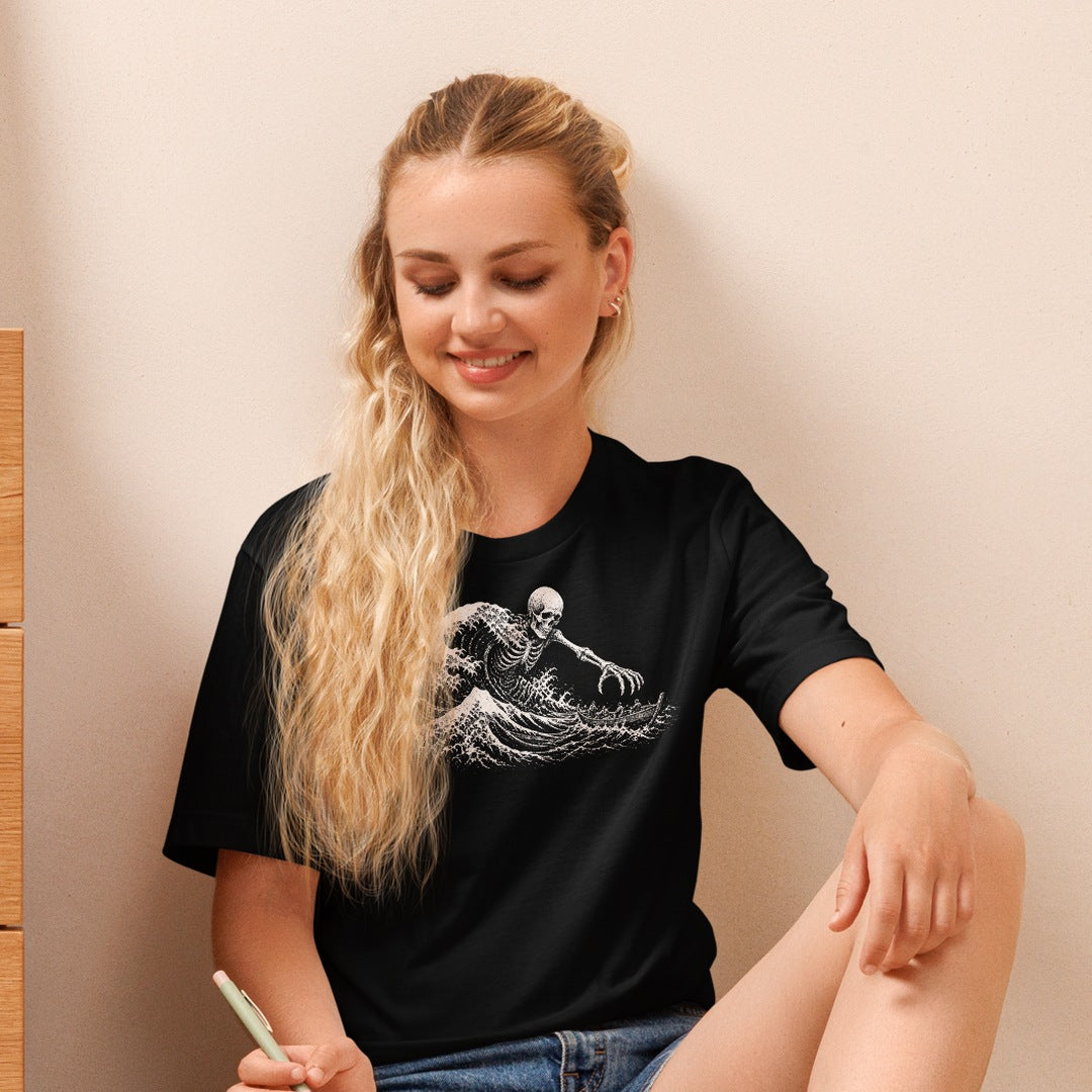 Blonde woman wearing the Skeleton Wave Tee in black