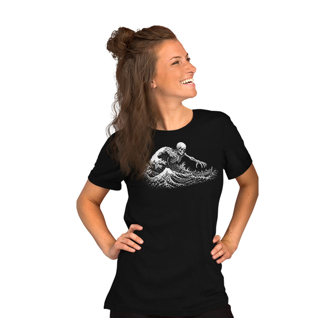Woman wearing the Skeleton Wave Tee in black